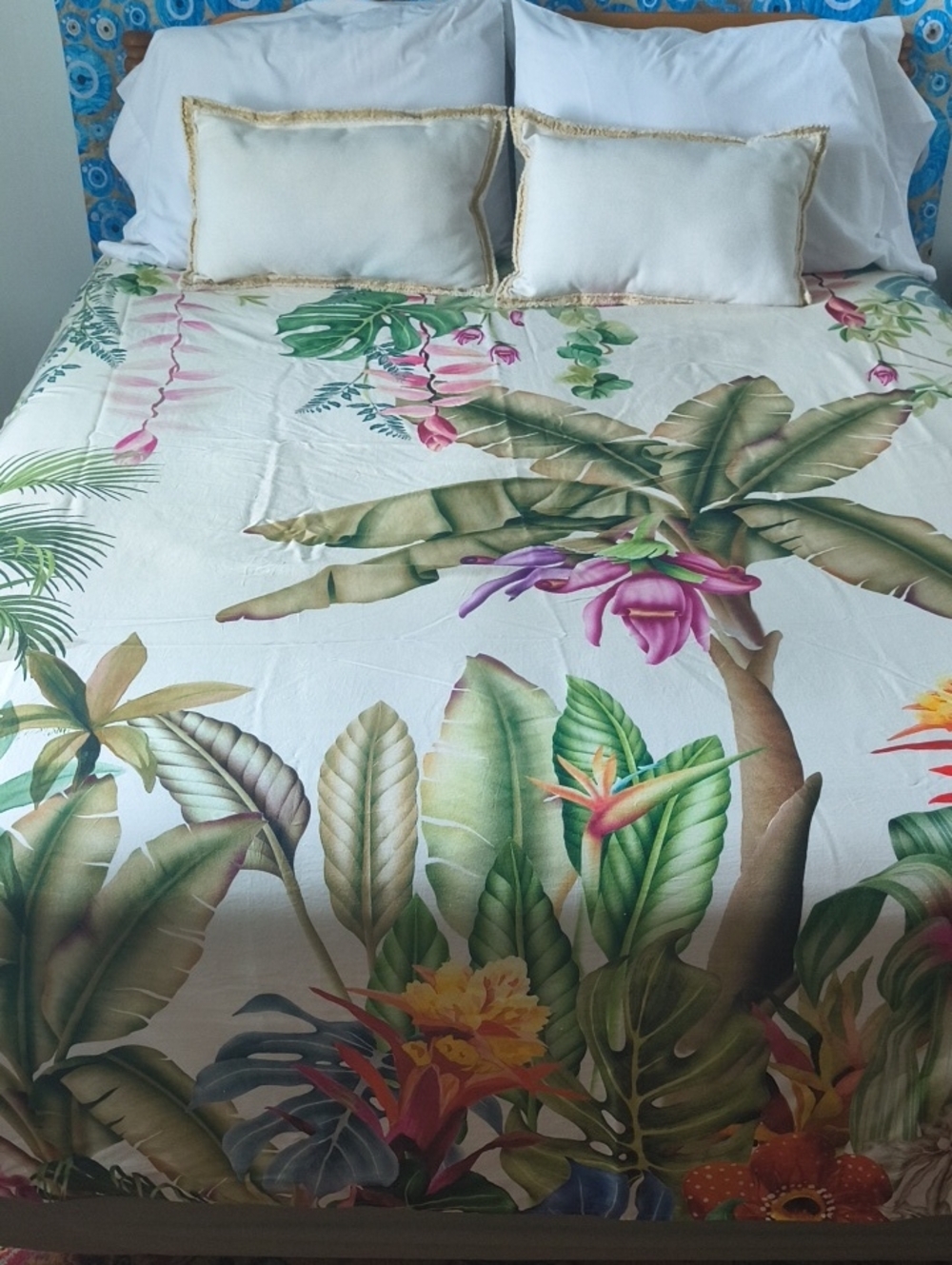 Tropical Botanical Print Queen Duvet Cover - Cream with Green and Pink